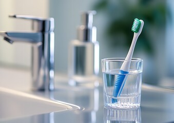 Blue and White Toothbrush on Bathroom Counter Next to Sink – Blurred Background