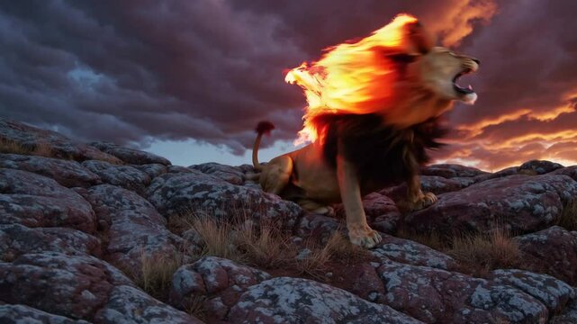 Fantasy lion with flaming mane roaring on rocky mountaintop under stormy sky, symbolizing mythical power, elemental fire, supernatural creature, primal energy, and majestic beast dominance