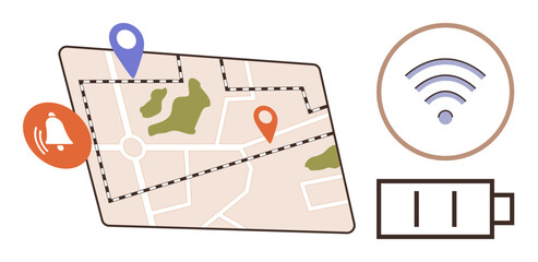 Digital map showing routes, two location pins, alert icon, wireless signal symbol, and battery level. Ideal for navigation, travel, connectivity, location tracking technology notifications
