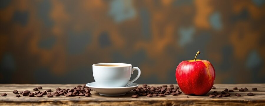 A digital still life of a warm coffee and red apple using ai art, the image should feature these elements prominently at the bottom