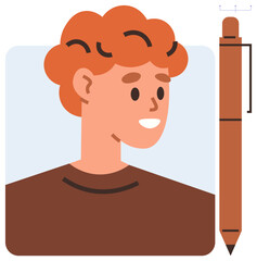 Smiling red-haired person in casual clothing alongside a brown pen emphasizing creativity, design, and ideas. Ideal for education, creativity, design, profiles, human resources, branding visual