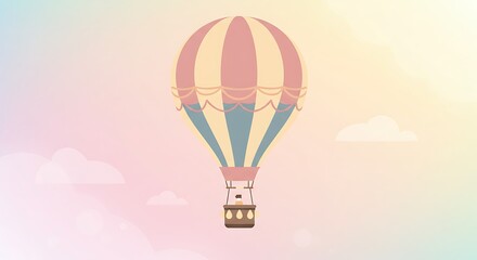 Fototapeta premium A charming hot air balloon with pastel pink, blue, and cream stripes floats serenely in a soft, gradient sky, evoking a sense of calm and gentle adventure.