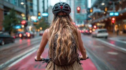 A young woman rides her bicycle in a bustling urban environment, emphasizing freedom, adventure, and a connection with city life amid the vibrant traffic.
