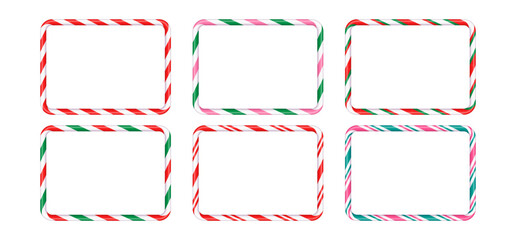 Six Christmas frames in the shape of a striped sugar toast. Christmas lollipops for banner and post decoration. Christmas design elements. Isolated vector illustration on white background.
