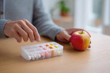 Elderly person managing daily medication with pill organizer. Selective focus.