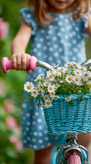 A cute little girl in a blue dress riding her bicycle with flowers and white daisies inside the basket, pink handlebar grips on top of the bike, green park background,