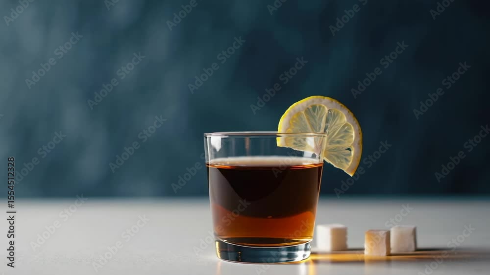 Poster Photographic sequence capturing glass of tea with lemon slice and sugar cubes resting on white table against deep blue background. Highlighting beverage composition and potential health implications