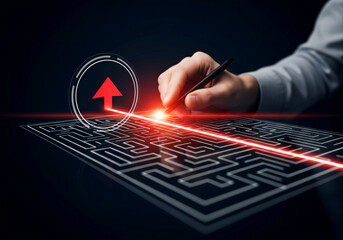  hand draws a path through a digital maze, highlighting the solution with a red arrow