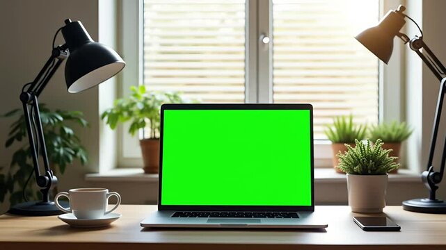 Green Screen Laptop on Modern Desk &ndash; Use for Mockups, Zoom Backgrounds, Product Demos, Branding, or Online Courses