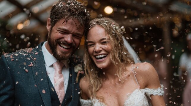 A newlywed couple joyously celebrates their special day, surrounded by cascading confetti, capturing pure happiness, love, and the essence of togetherness in a festive atmosphere.
