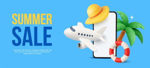 3d travel banner template with mobile phone, beach hat, umbrella and pool ball, airplane isolated on background. Summer sale background in 3d vector. Vector illustration
