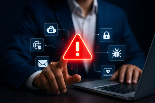 Cybersecurity Threat Warning – Digital Malware Alert with Data Breach Icons