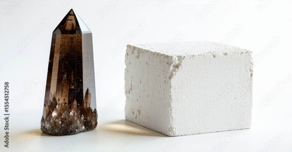 Poster crystal, cube, contrasting textures. brown point, white block. minimalist studio shot, simple compos
