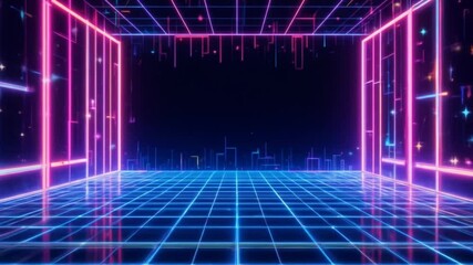 Retro neon background, colorful stars. Digital futuristic technology design. 4k video - Powered by Adobe