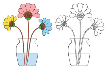 Colorful flowers in a vase with water and a black and white version of the same image beside it