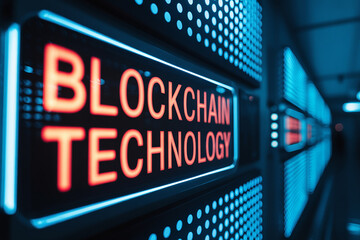 Fototapeta premium Illuminated blockchain technology sign on server racks digital network