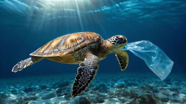 Underwater Scene Shows Turtle With Plastic In Mouth Highlighting Threat Of Ocean Pollution To Wildlife Survival