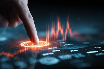 Human finger touching glowing interface displaying financial graph image