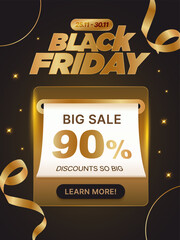 3d Black Friday sale banner template with coupon is being printed from a slot, isolated on dark background with golden ribbons. Black Friday popup discount banner with gift voucher in 3d vector