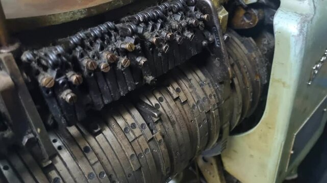 Close-up of a vintage cam drum from a 1950s sock knitting machine once used in Yugoslavia&rsquo;s textile industry. Detailed view of aged metal mechanics and industrial design