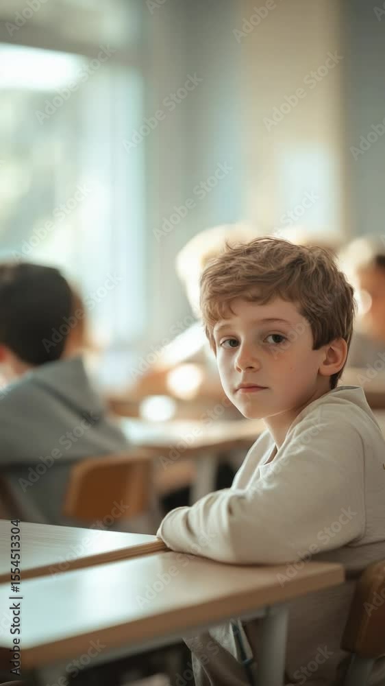 Poster elementary school student sitting at a desk in a vibrant classroom, engaging in lessons and absorbin