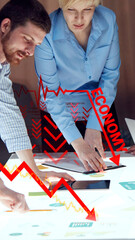 Executives in a tense meeting examine documents and tablets as a brutal red arrow dives across the...