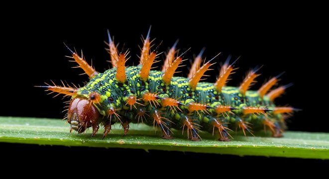 A striking macro photograph of a vividly colored Stinging Nettle Slug Caterpillar crawling on a green leaf.