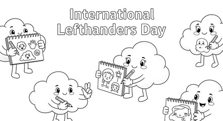 Cute cartoon clouds celebrating international left handers day by drawing isolated on transparent background