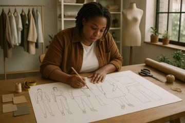 Fashion designer meticulously sketching clothing designs in a vibrant workshop filled with natural light and creative energy