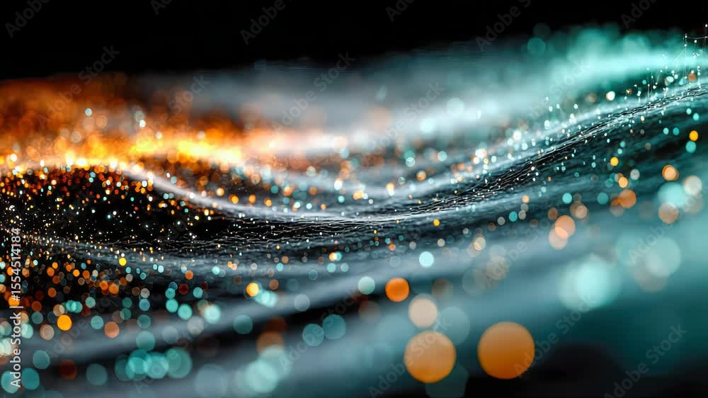 Poster dynamic stream of glowing abstract particles flowing over a dark surface in an energetic motion blur
