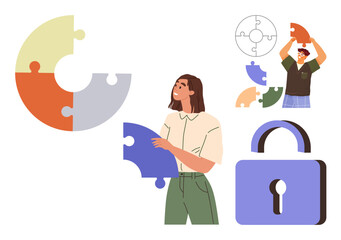 Group assembling colorful puzzle pieces connecting to lock symbol. Highlights problem-solving, creativity, and teamwork. Ideal for collaboration, security, compliance, inclusion, brainstorming