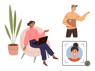 Woman working on laptop in armchair, man delivering package, biometric face verification interface. Ideal for remote work, ID security, workplace, delivery, technology, communication modern