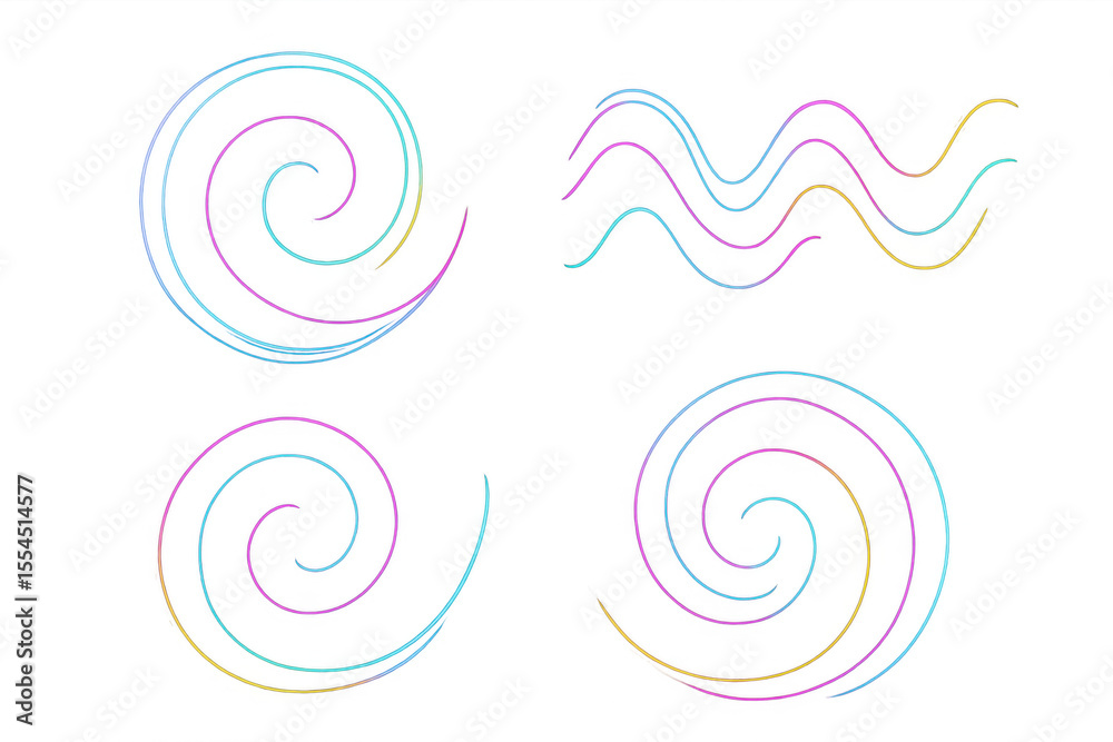 Poster colorful spirals and curved lines are creating an abstract design element on a transparent backgroun