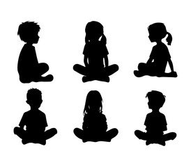 black silhouette Set Kids sitting on white background