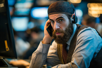 Jewish business trader engaged in financial discussions while monitoring market activity in a bustling trading floor
