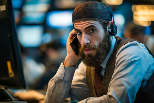 Jewish business trader engaged in financial discussions while monitoring market activity in a bustling trading floor - Powered by Adobe