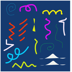Fototapeta premium Multicolor abstract background in retro 80s, 90s style with various shapes: circles, semicircles, dots, zigzags, spirals, wavy lines. Cute kid doodle design.