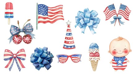 Radiant, patriotic illustrations evoke warm summer days, celebrating American independence with cheerful, whimsical details, perfect for festive designs.