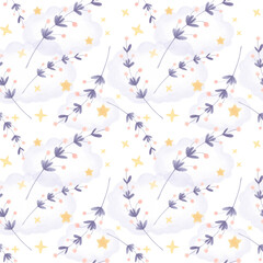 Seamless watercolor pattern with delicate clouds, yellow stars and purple floral branches with pink berries. Perfect for nursery design, baby products, fabric, wrapping paper, and kids' wallpapers.