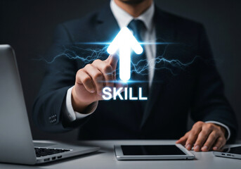  businessman points at an upward arrow with the word skill