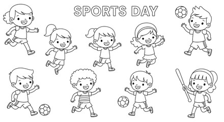 Cute cartoon children participating in sports day activities isolated on transparent background