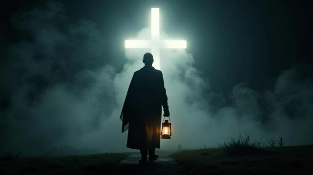 A mysterious figure silhouetted against a glowing cross holds a lantern amidst rising mist in this atmospheric footage, perfect for evocative visuals.
