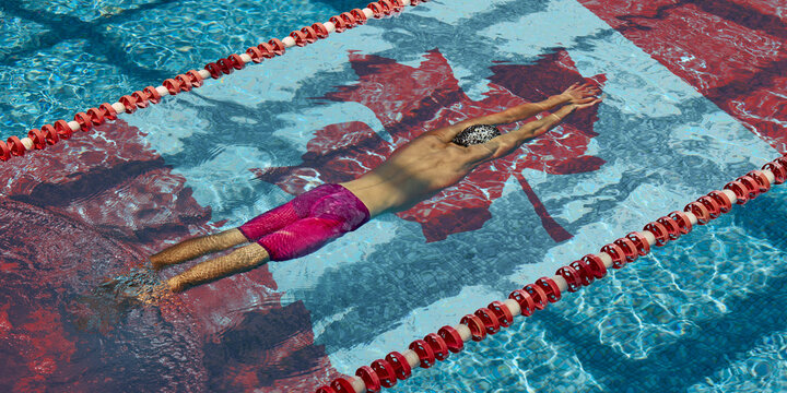 Male swimmer dives into a competition pool, the floor designed with a large Canadian flag. Shot from above, dynamic motion and national pride. Concept of global sports competition