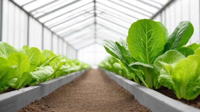Organic greenhouse interior filled with lush green vegetable rows in elevated growing beds