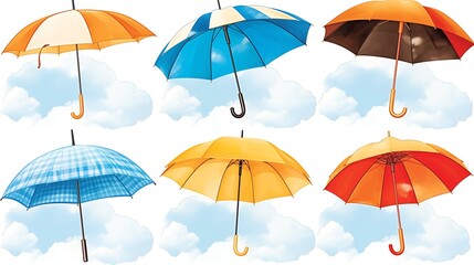 Obraz premium Six Striped Checkered Cartoon Umbrellas Flat Vector, Playful Cloud Background, Kids Design Element 