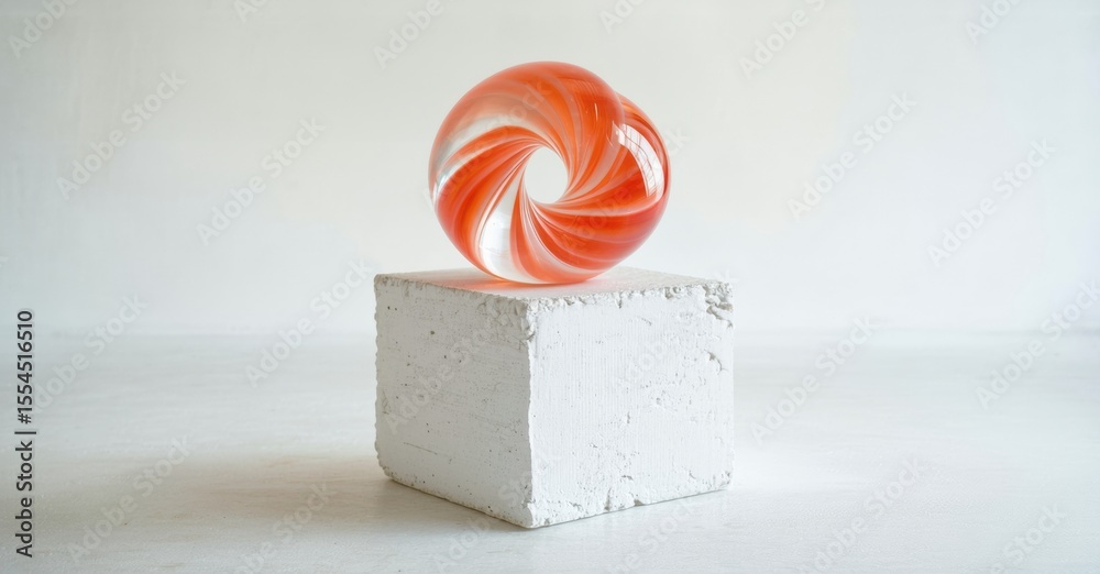 Poster glass sculpture rests upon concrete block. swirling red, white patterns create visual interest. mini