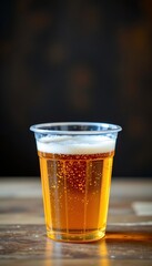 create a high quality, photo of a beer in a plastic disposable cup, the subject should be at the top of the image with ample copy space at the bottom