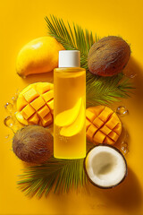 A yellow plastic bottle placed next to mango and coconuts,