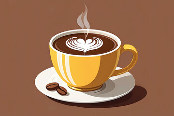 Obraz premium Steaming yellow coffee cup with heart latte art and coffee beans