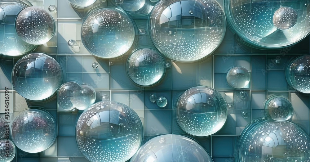 Poster glass spheres cover wall. blue tones dominate composition. light reflects, creating interesting patt